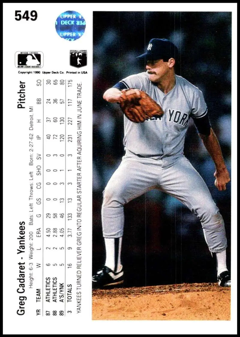 Greg Cadaret mid-delivery in gray uniform on New York Yankees baseball card