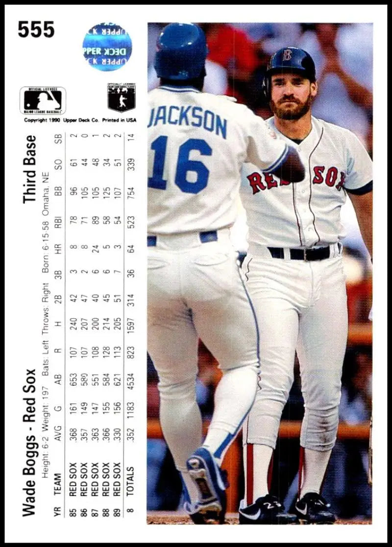 Baseball card of Wade Boggs in white uniform with Boston Red Sox at bat