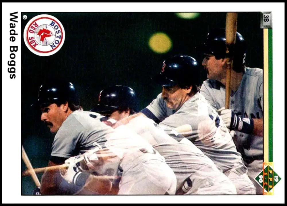 Multiple Boston Red Sox players in batting stances in a motion-style photograph
