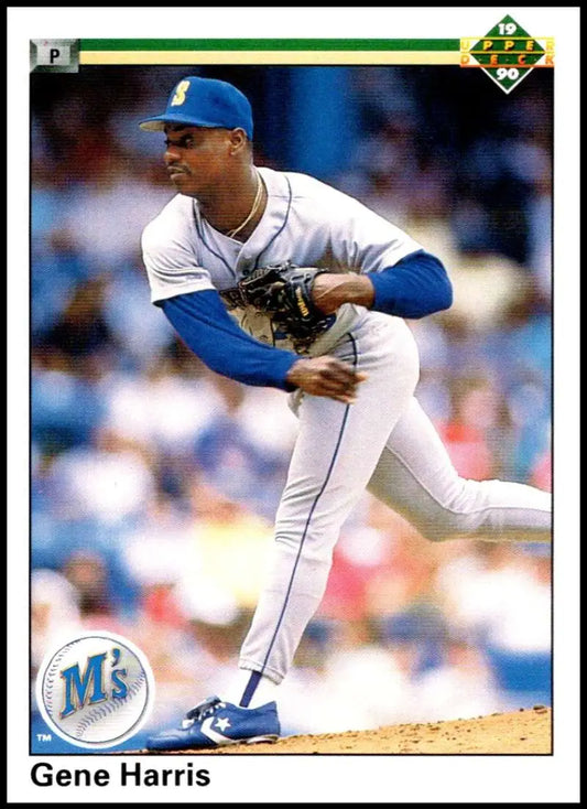 Gene Harris in mid-pitching motion, wearing Seattle Mariners uniform, Upper Deck card