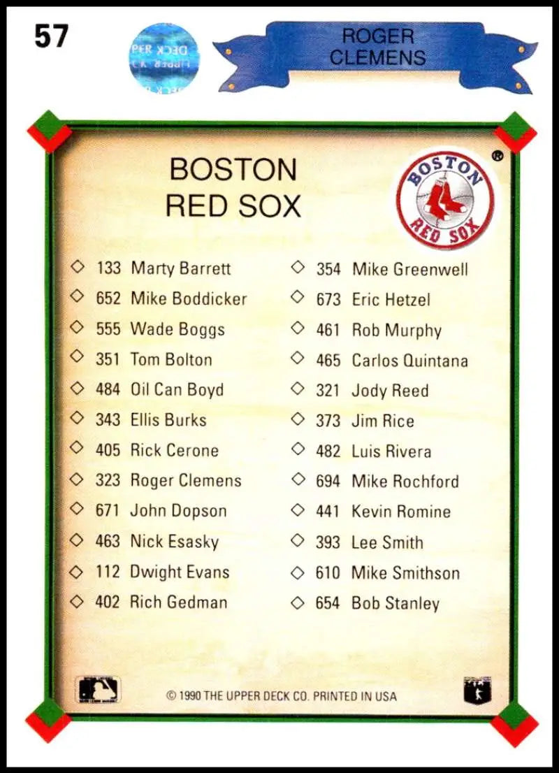 Vintage Baseball card checklist featuring Boston Red Sox players including Roger Clemens