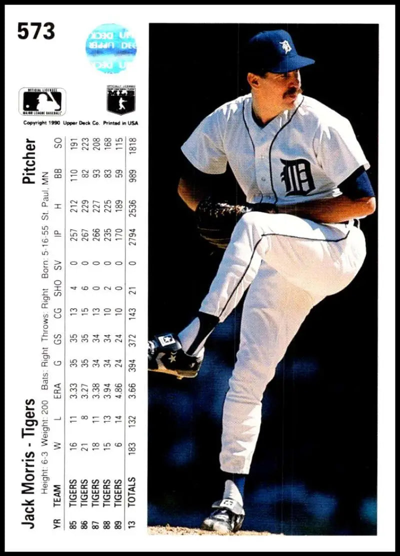 Baseball card of Jack Morris, Detroit Tigers pitcher in white uniform mid-delivery