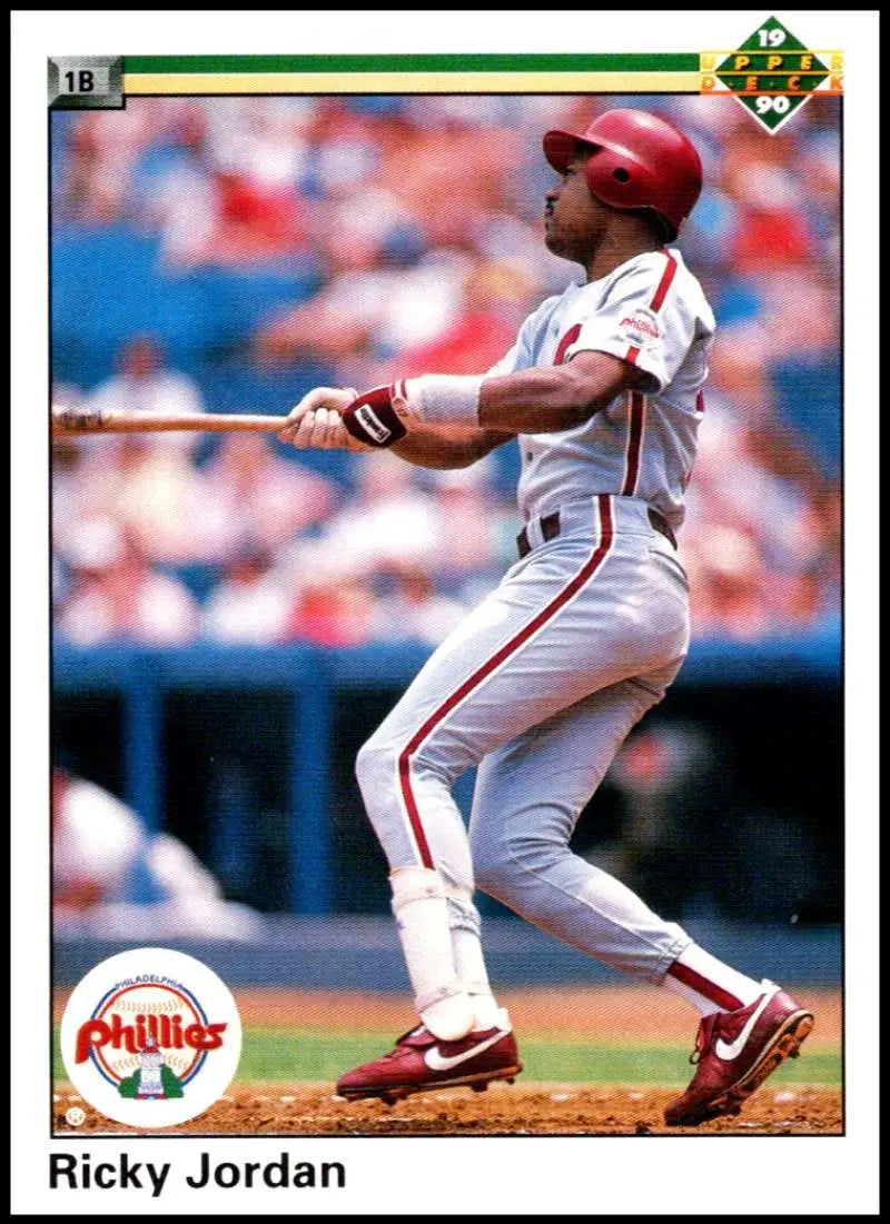 Ricky Jordan in Philadelphia Phillies uniform swinging bat on baseball card image