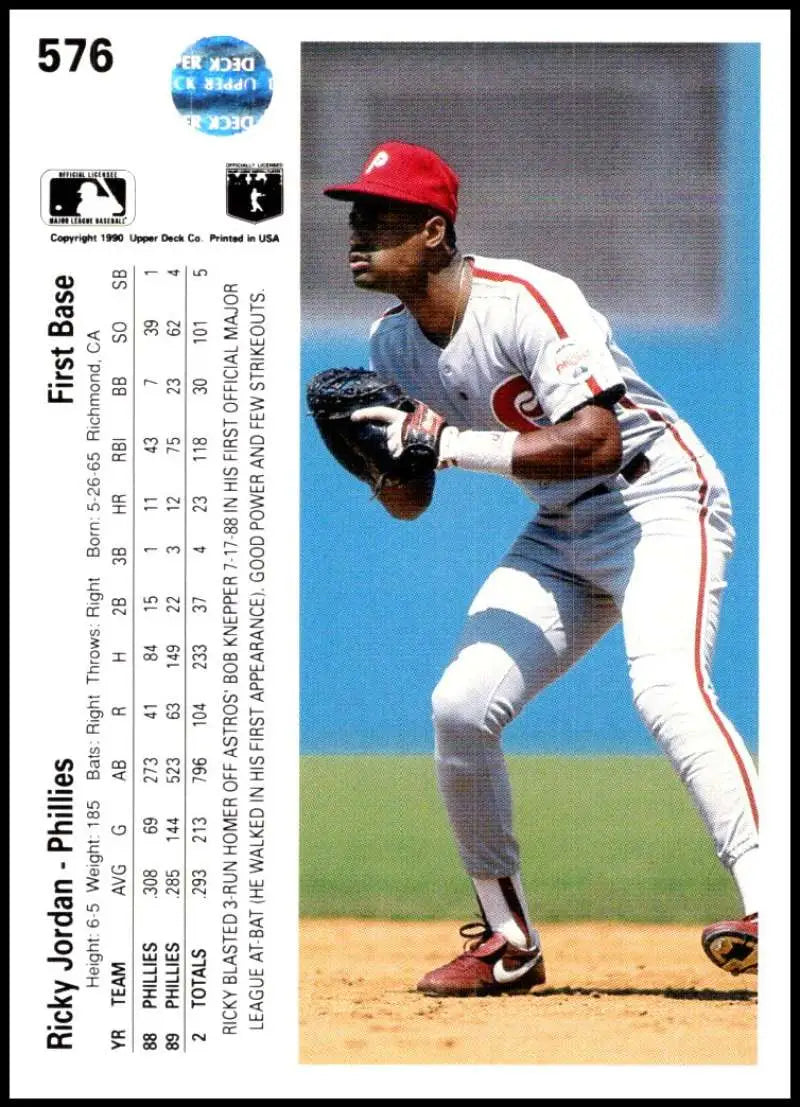 Ricky Jordan in defensive stance for Philadelphia Phillies baseball card display