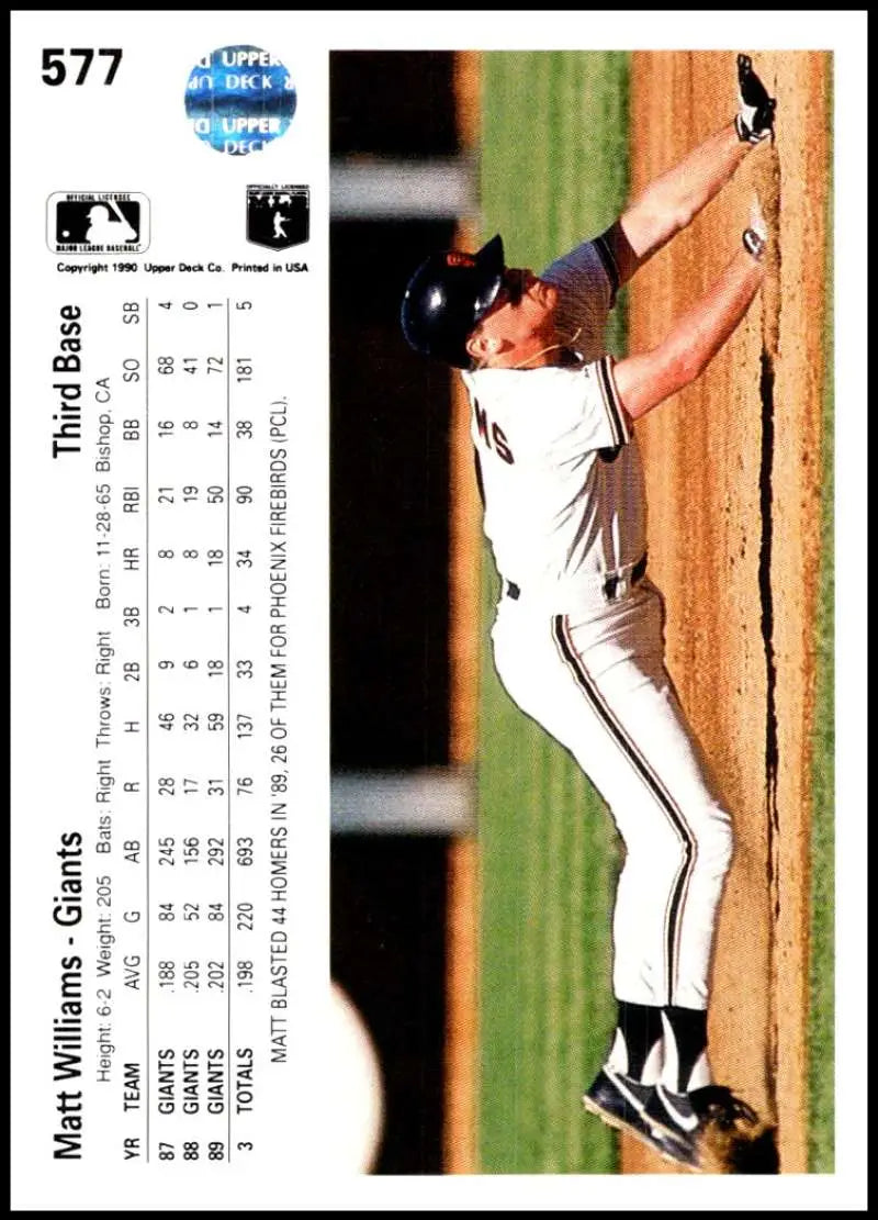 Matt Williams leaping catch along the foul line on 1990 Upper Deck San Francisco card