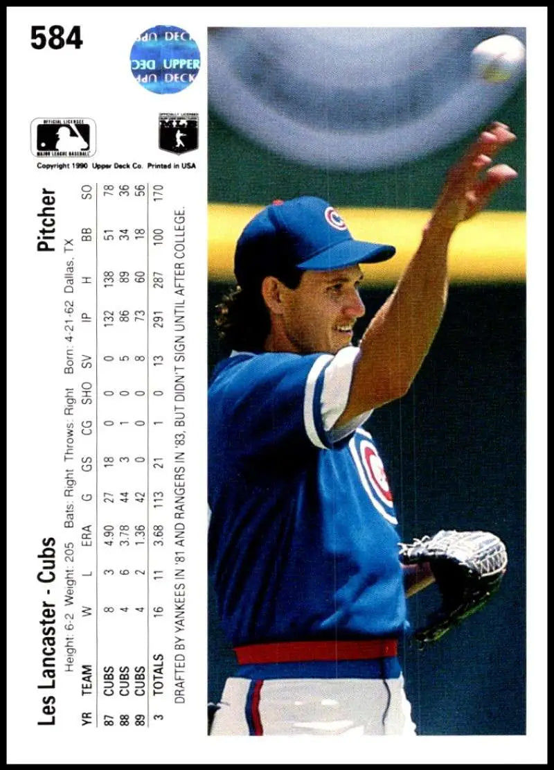 Les Lancaster in Chicago Cubs uniform pitching, featured on a baseball card