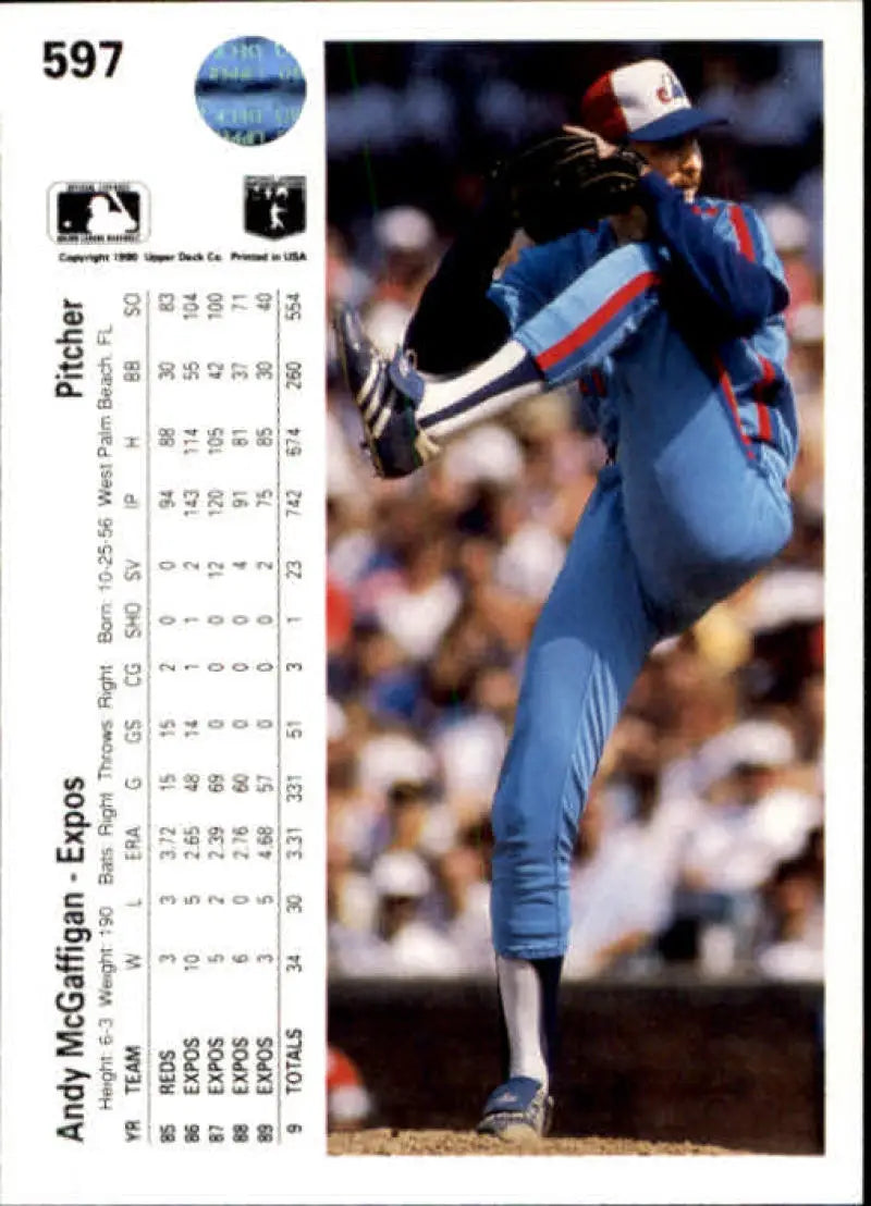 Andy McGaffigan in Montreal Expos powder blue uniform mid-delivery baseball card image