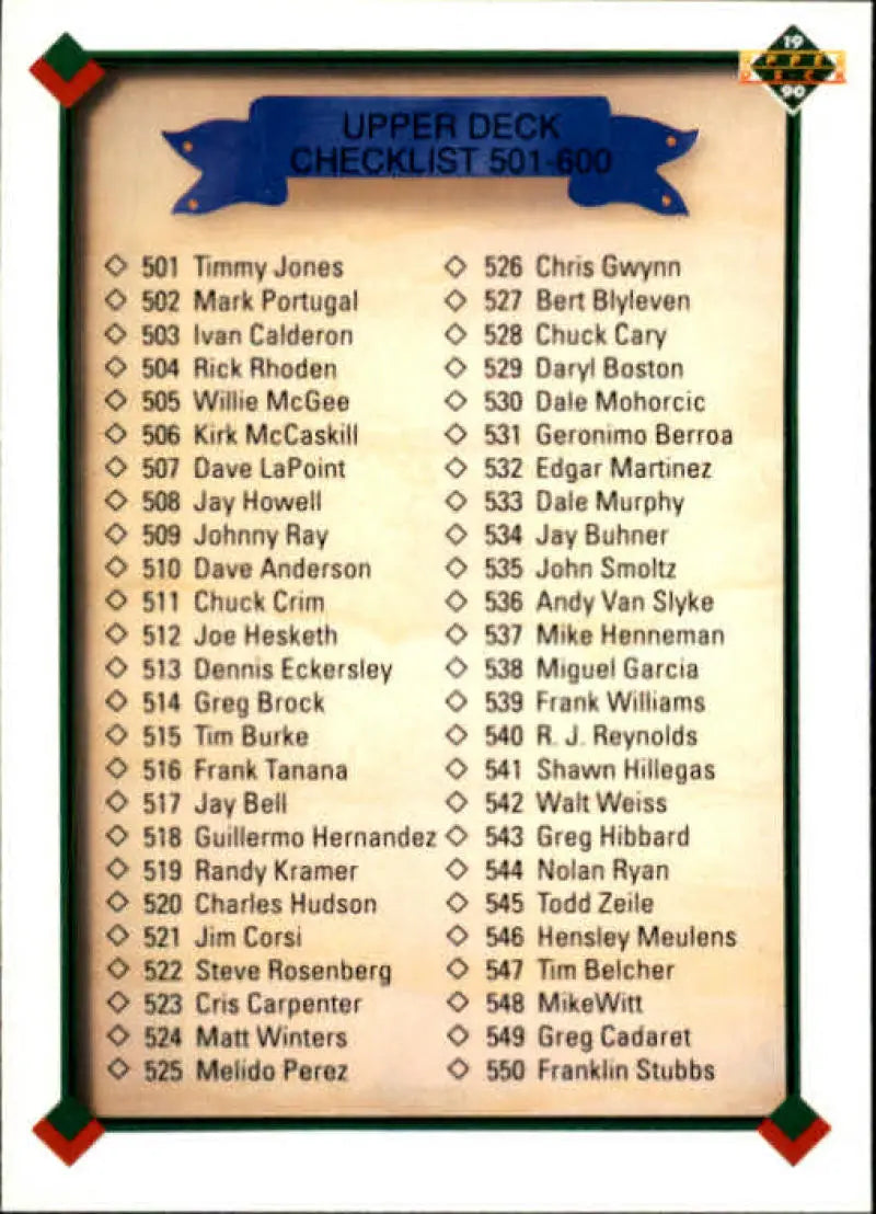 Upper Deck Baseball Card Checklist 501-548 on blue banner background