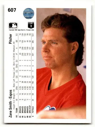 Back of a 1990 Upper Deck Zane Smith Montreal Expos baseball card with original gloss