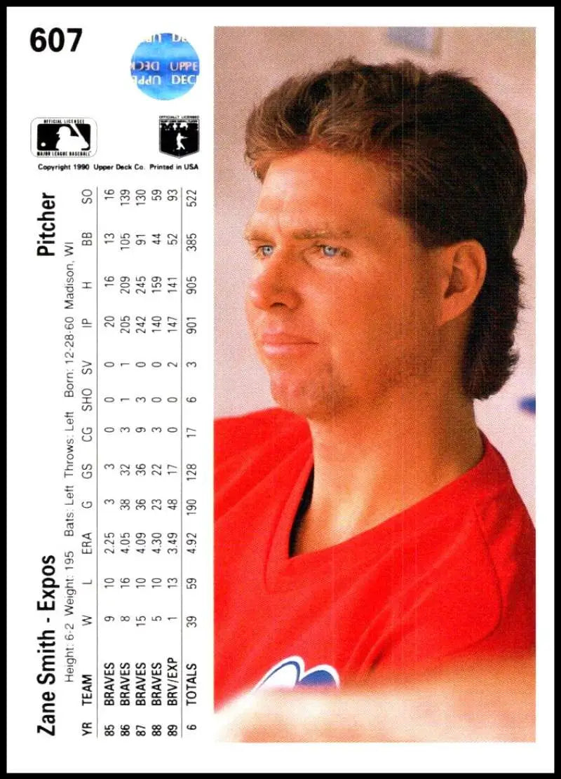 Zane Smith baseball card in red Phillies uniform, featuring Montreal Expos profile view
