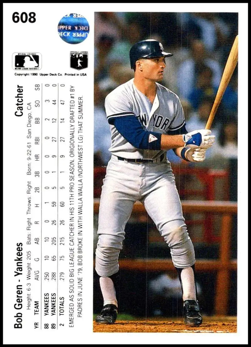 Baseball card featuring Bob Geren in New York Yankees gray uniform at the plate
