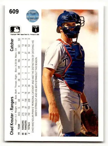 Vintage Chad Kreuter Texas Rangers baseball card with career stats and bio, original gloss