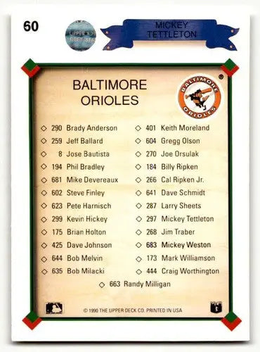 Original gloss back of 1990 Upper Deck Mickey Tettleton Baltimore Orioles baseball card