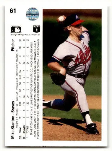 Original gloss baseball card of Mike Stanton Atlanta Braves pitcher from 1990 Upper Deck
