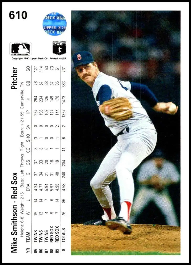 Boston Red Sox pitcher mid-delivery in white and navy uniform on 1990 Upper Deck card