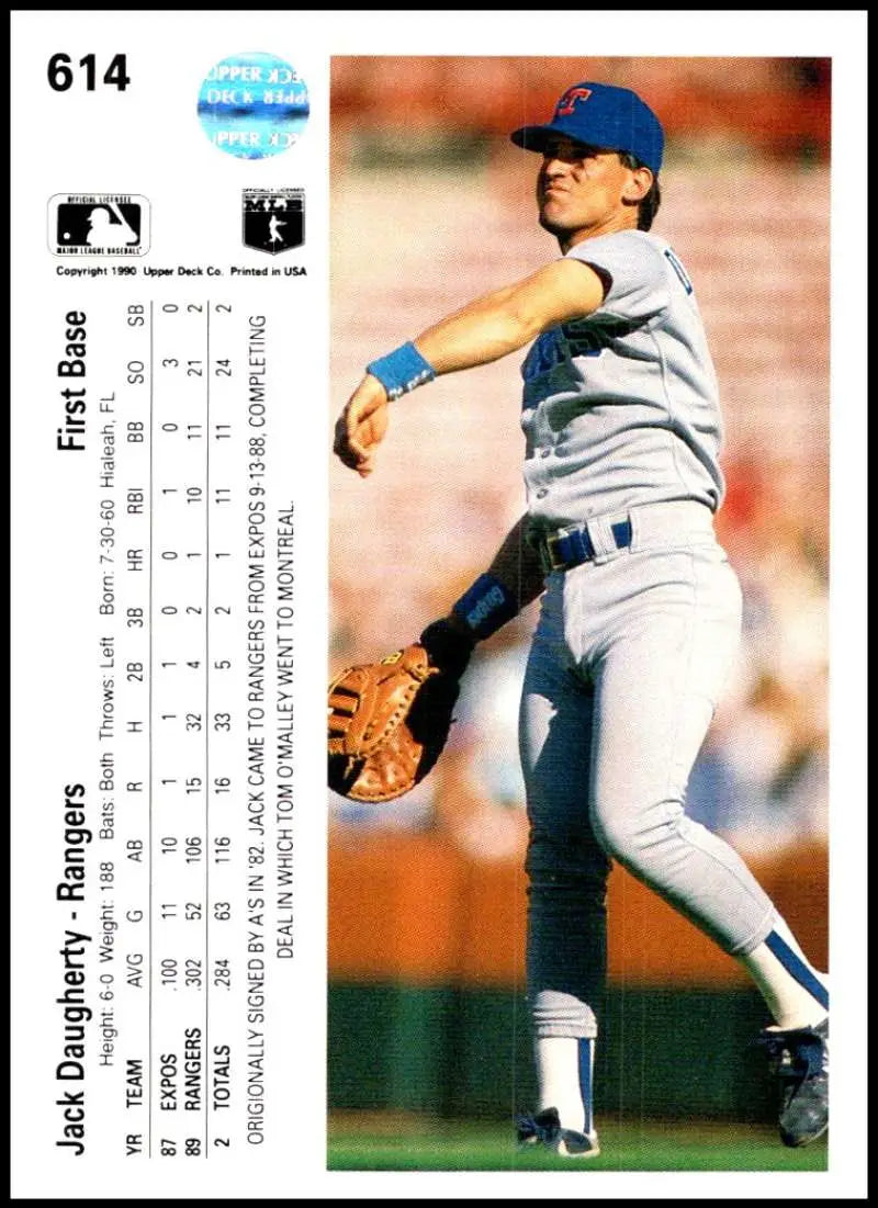 Jack Daugherty mid-pitching in gray Texas Rangers uniform on baseball card