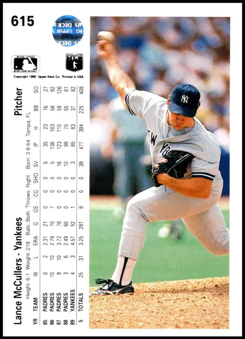 Lance McCullers in mid-delivery on a 1990 Upper Deck New York Yankees baseball card