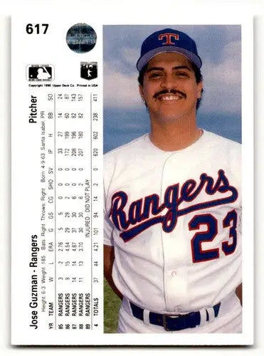 Jose Guzman Texas Rangers baseball card from 1990 Upper Deck #617 with EX/NM condition