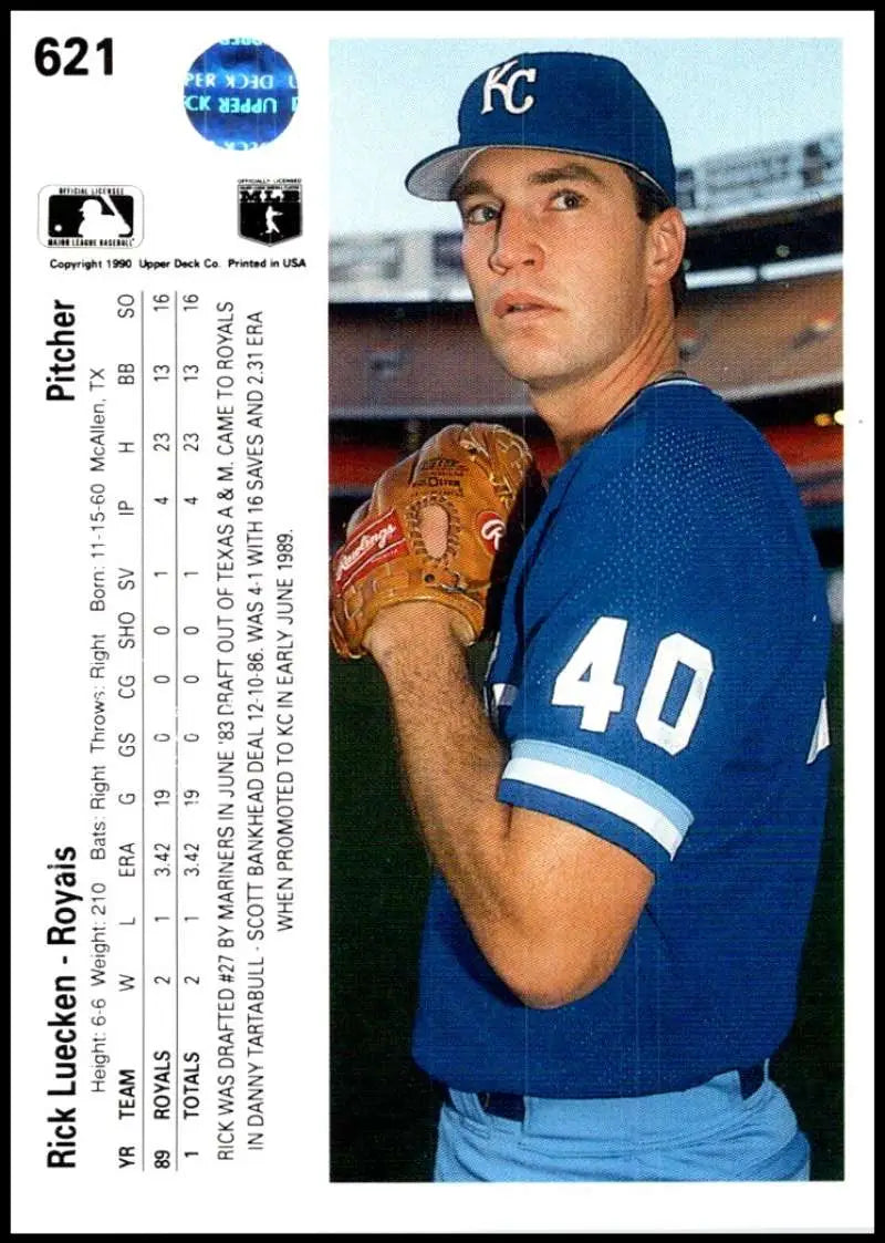 Rick Luecken Kansas City Royals pitcher 1990 Upper Deck baseball card in blue uniform