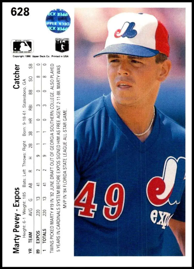 Marty Pevey 1990 Upper Deck Rookie Card featuring Montreal Expos jersey number 49