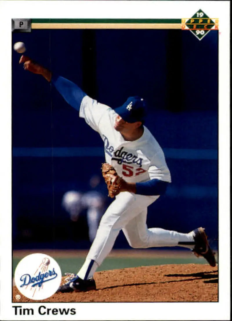 Tim Crews pitching in a white Dodgers uniform on the mound for Upper Deck card
