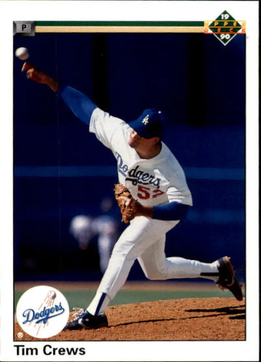 Tim Crews pitching in a white Dodgers uniform on the mound for Upper Deck card