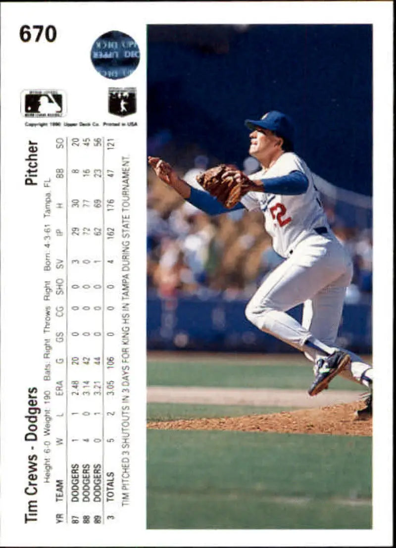 Tim Crews soaring to field a ball in Los Angeles Dodgers uniform, Upper Deck card