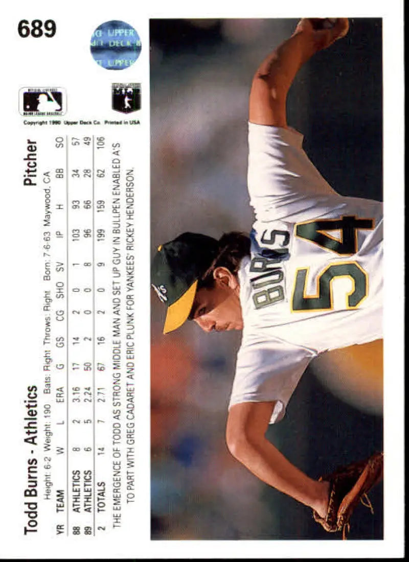 Baseball card of Todd Burns pitching for the Oakland Athletics in mid-delivery action