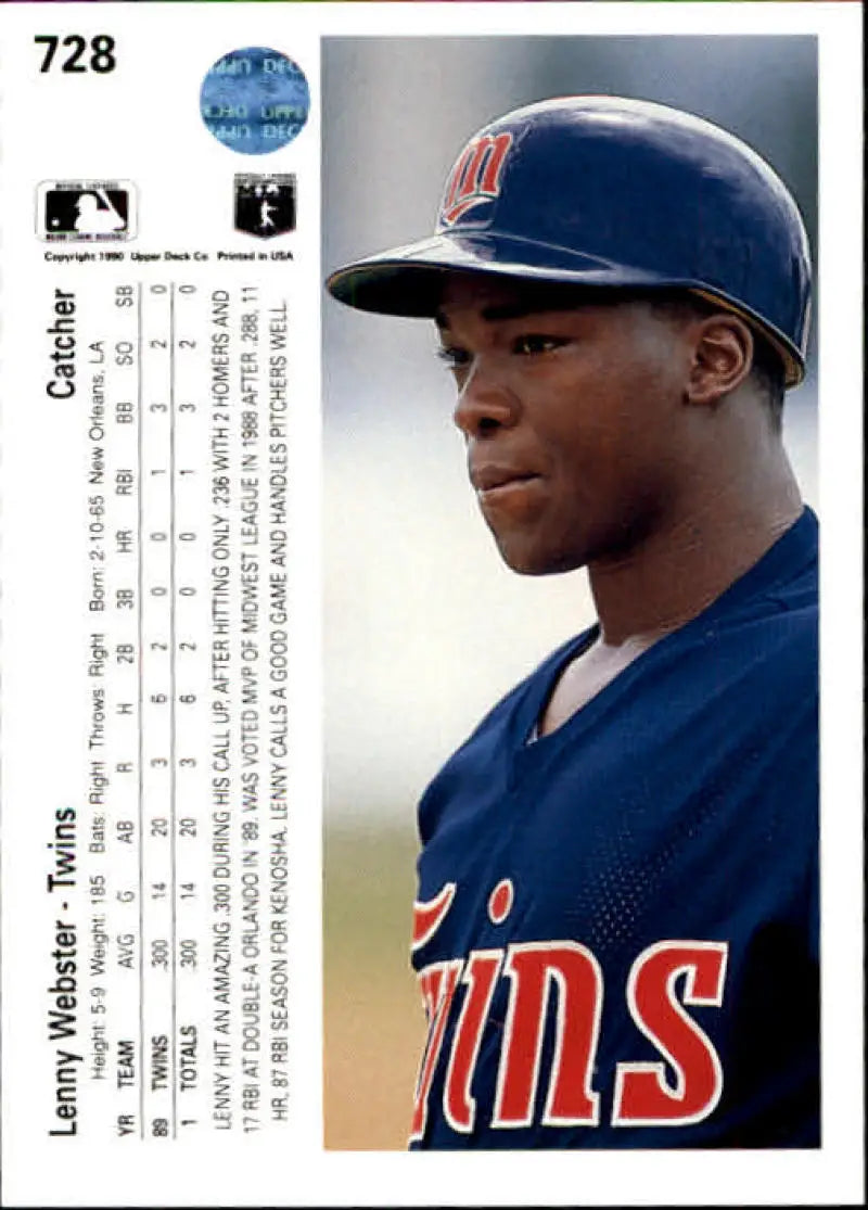 Baseball card of Lenny Webster in Minnesota Twins navy uniform and cap