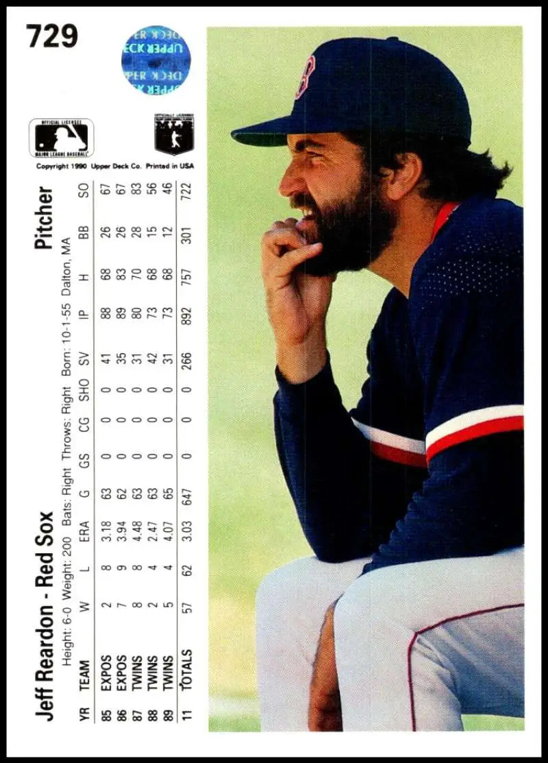 Boston Red Sox Jeff Reardon baseball card in navy blue uniform with stripes