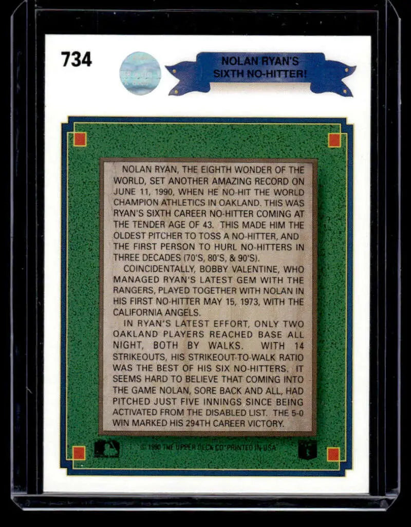 Baseball card featuring Nolan Ryan’s 8th no-hitter with Texas Rangers green border design