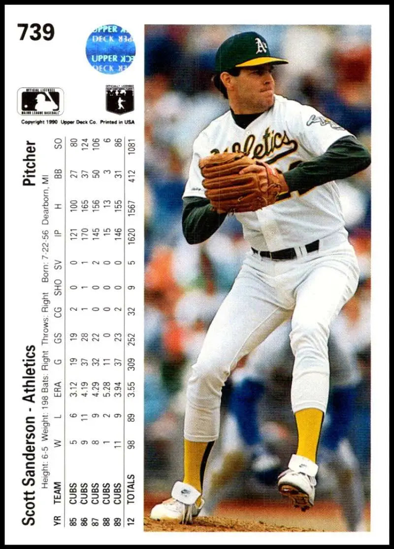 Baseball card of Scott Sanderson pitching for Oakland Athletics in white uniform