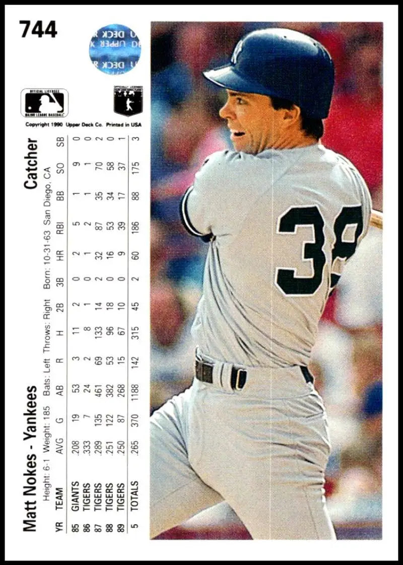 Baseball card of Matt Nokes in white uniform, New York Yankees, Upper Deck collectible