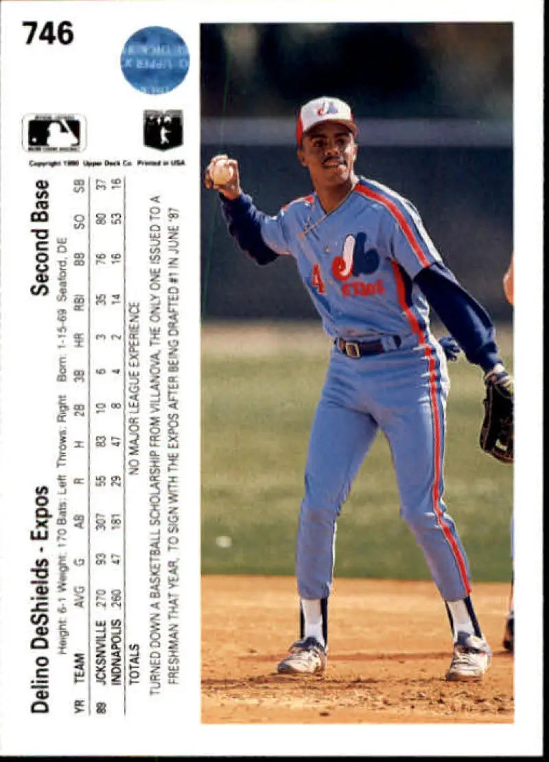 Delino DeShields throwing in classic Montreal Expos uniform on baseball card