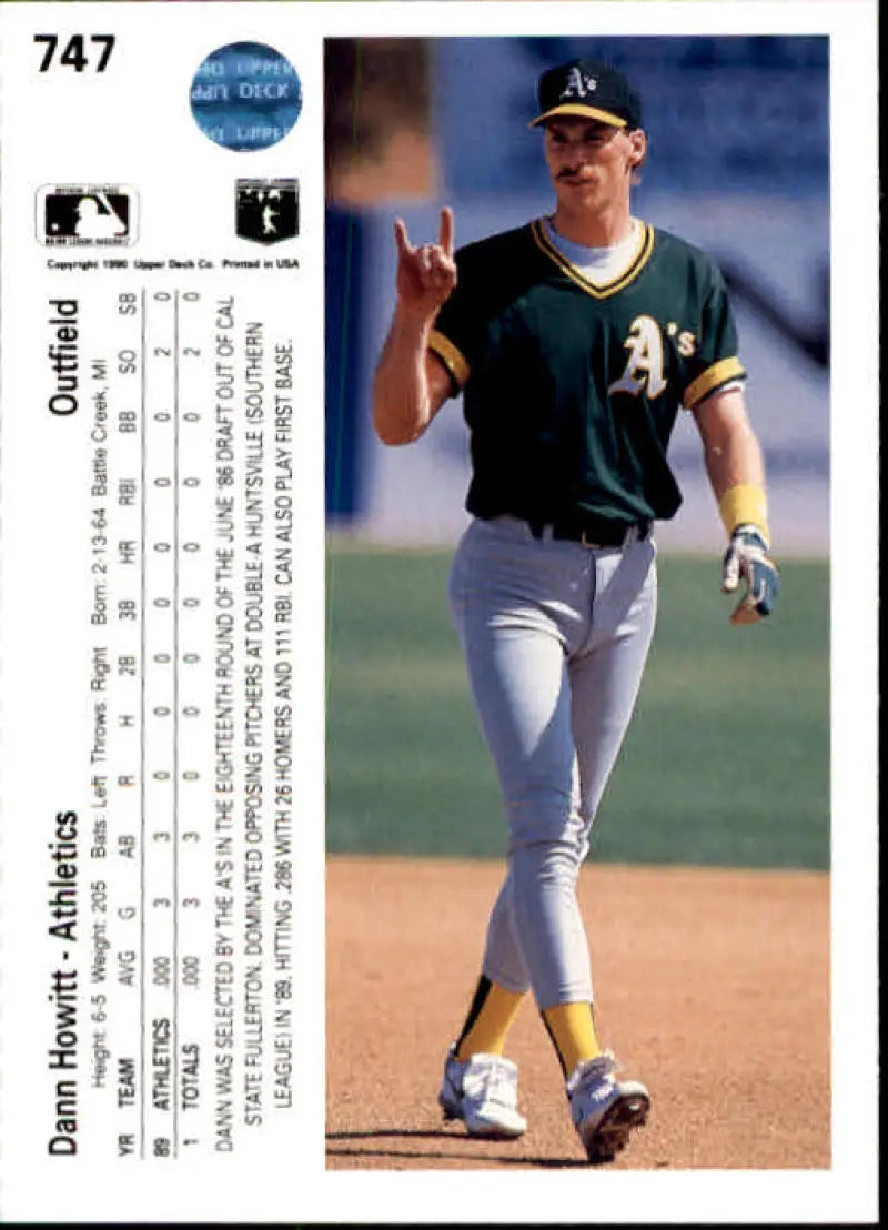 Baseball card of Dann Howitt, rookie Oakland Athletics player, peace sign on field
