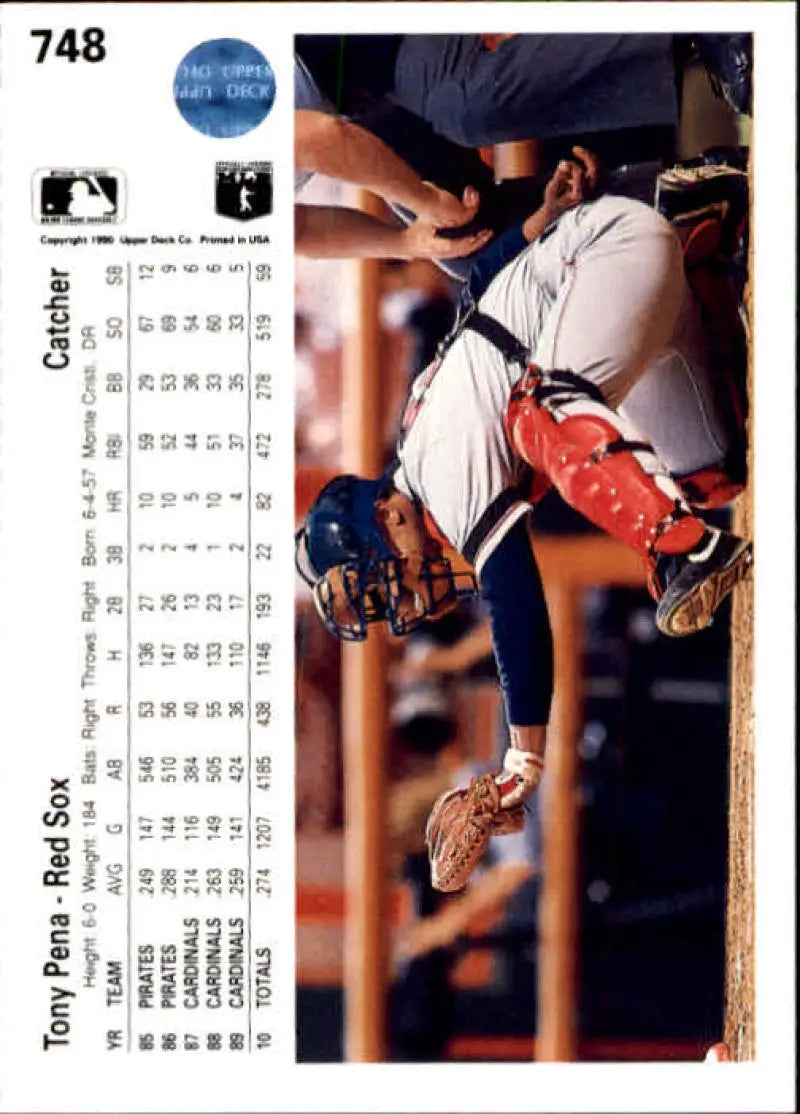 1990 Upper Deck #748 Tony Pena baseball card featuring a Boston Red Sox catcher action shot