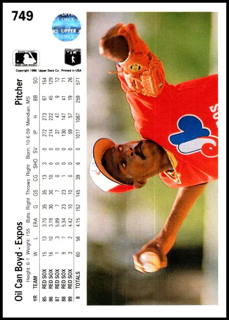 Montreal Expos baseball card of Oil Can Boyd in red uniform mid-delivery action