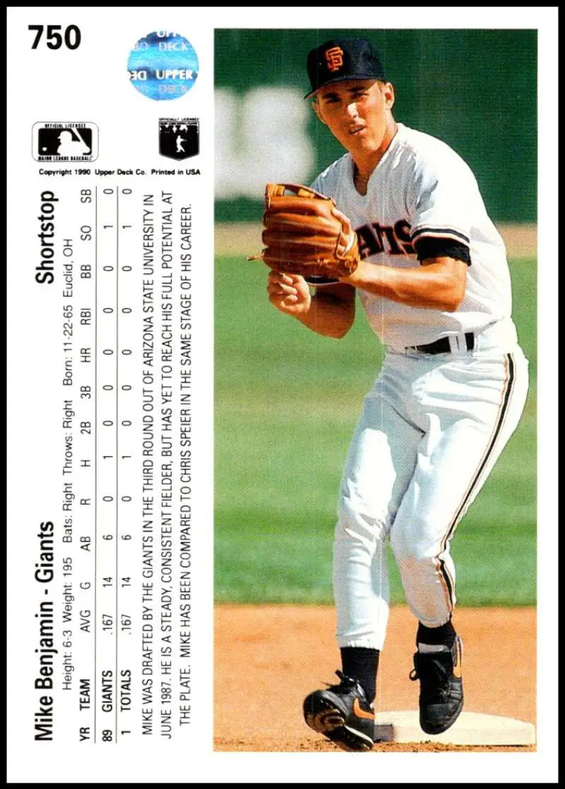 Baseball card of Mike Benjamin in San Francisco Giants home uniform ready to throw