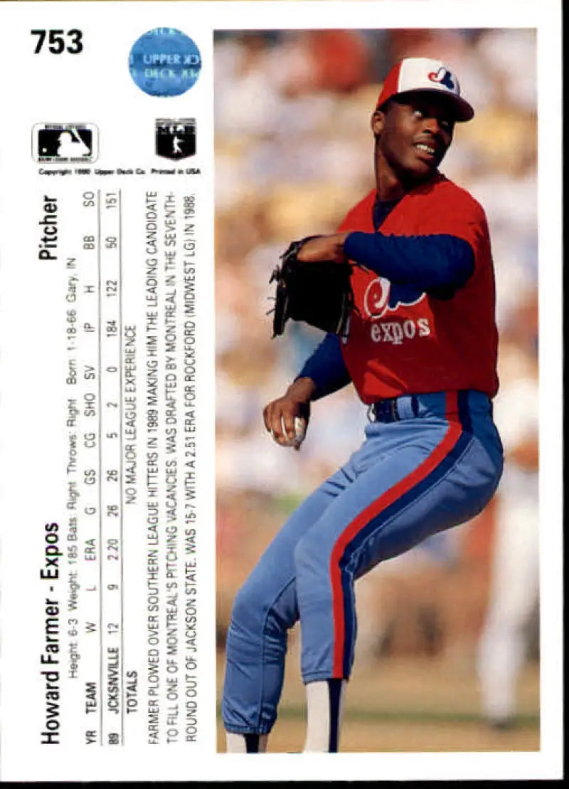 Baseball card featuring Howard Farmer pitching for the Montreal Expos Rookie card