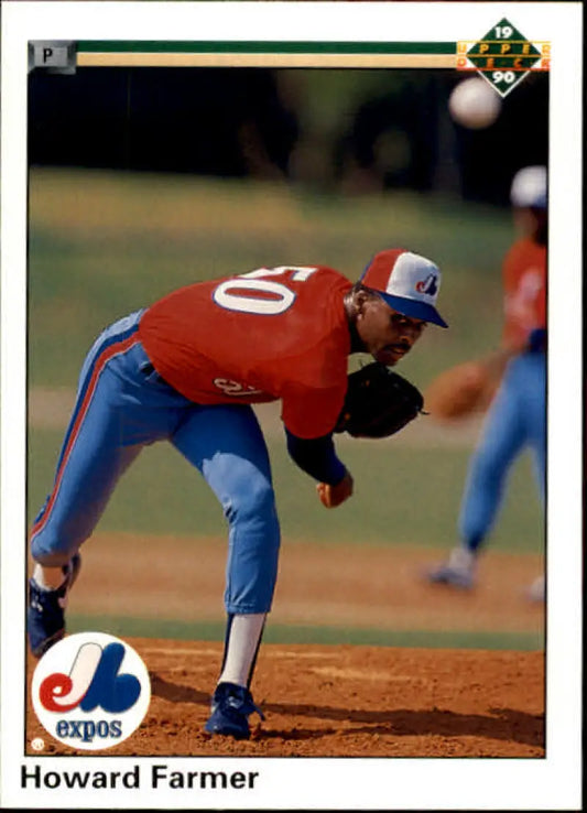 Howard Farmer in Montreal Expos uniform delivering a pitch on a baseball card