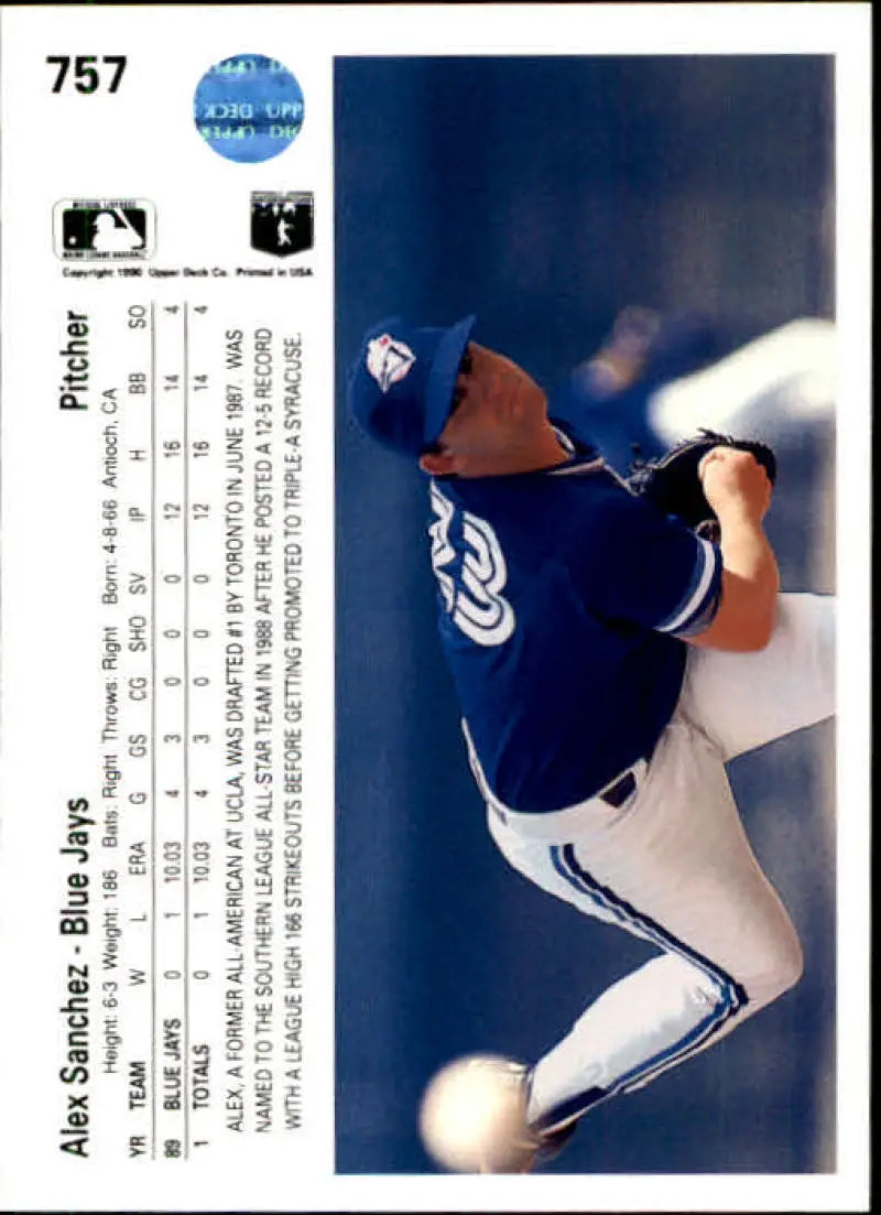 Baseball card of Alex Sanchez delivering a pitch for the Toronto Blue Jays