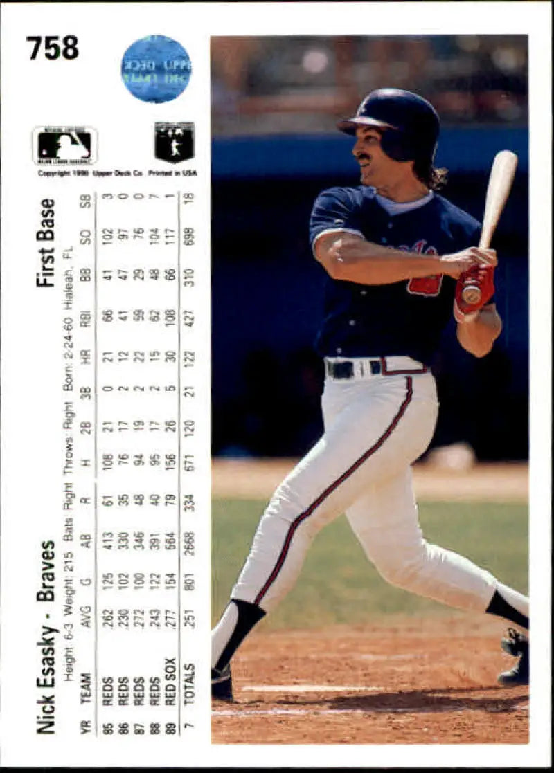Baseball card of Nick Esasky, left-handed batter in Atlanta Braves uniform by Upper Deck