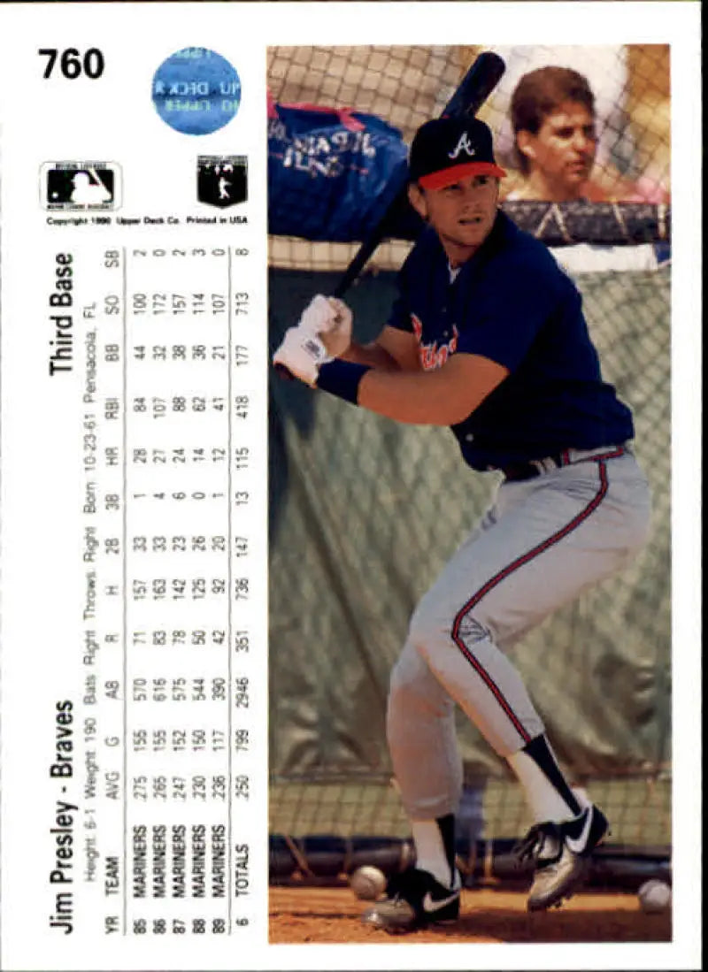 Jim Presley in mid-delivery on 1990 Upper Deck baseball card for Atlanta Braves