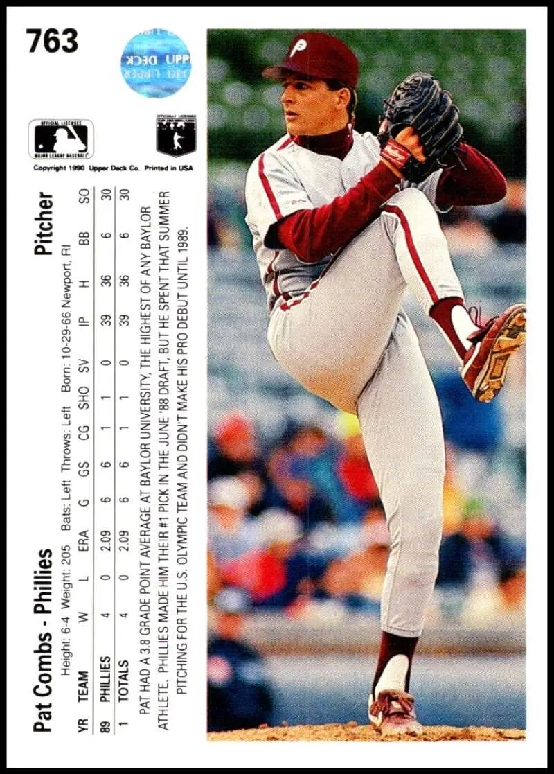 Baseball card of Pat Combs in delivery for 1990 Upper Deck Philadelphia Phillies