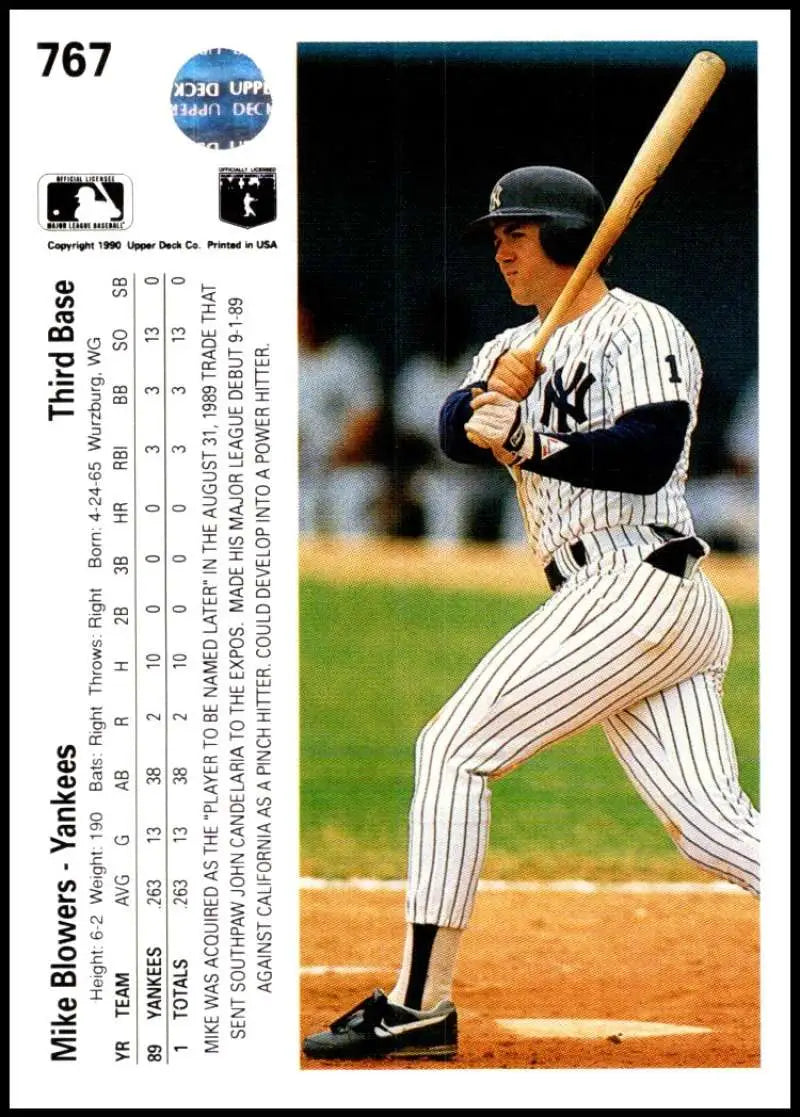 Baseball player in New York Yankees uniform swinging bat on Upper Deck Mike Blowers Rookie Card
