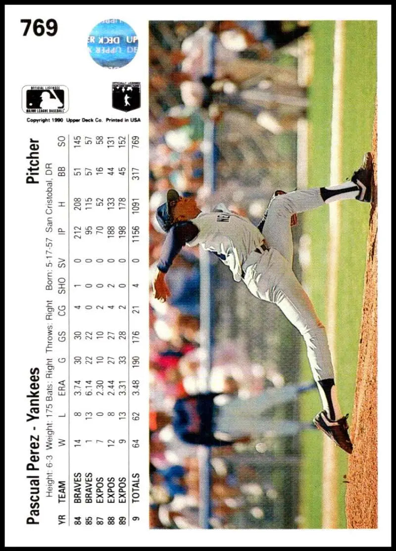 Pascual Perez mid-delivery in white uniform on 1990 Upper Deck Yankees baseball card