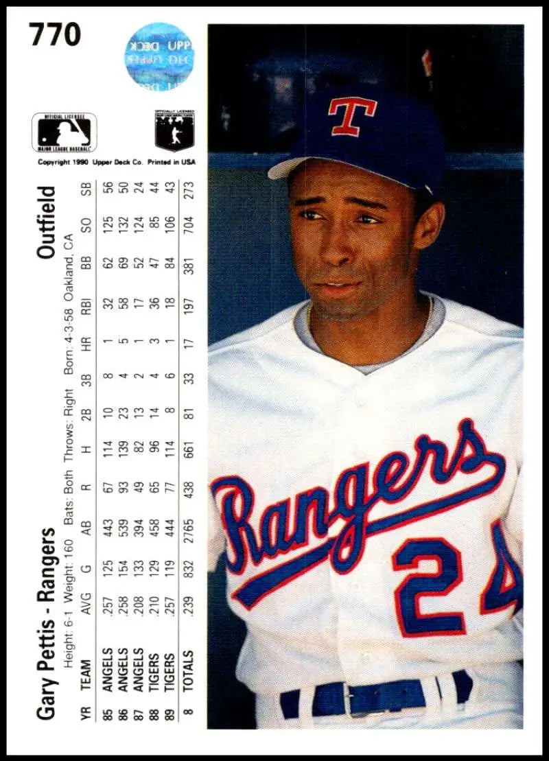 Texas Rangers Gary Pettis 1990 Upper Deck #770 baseball card showcasing jersey 24