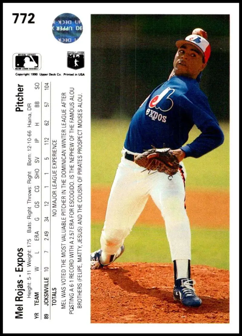 Baseball player in blue Montreal Expos uniform pitching on Upper Deck baseball card