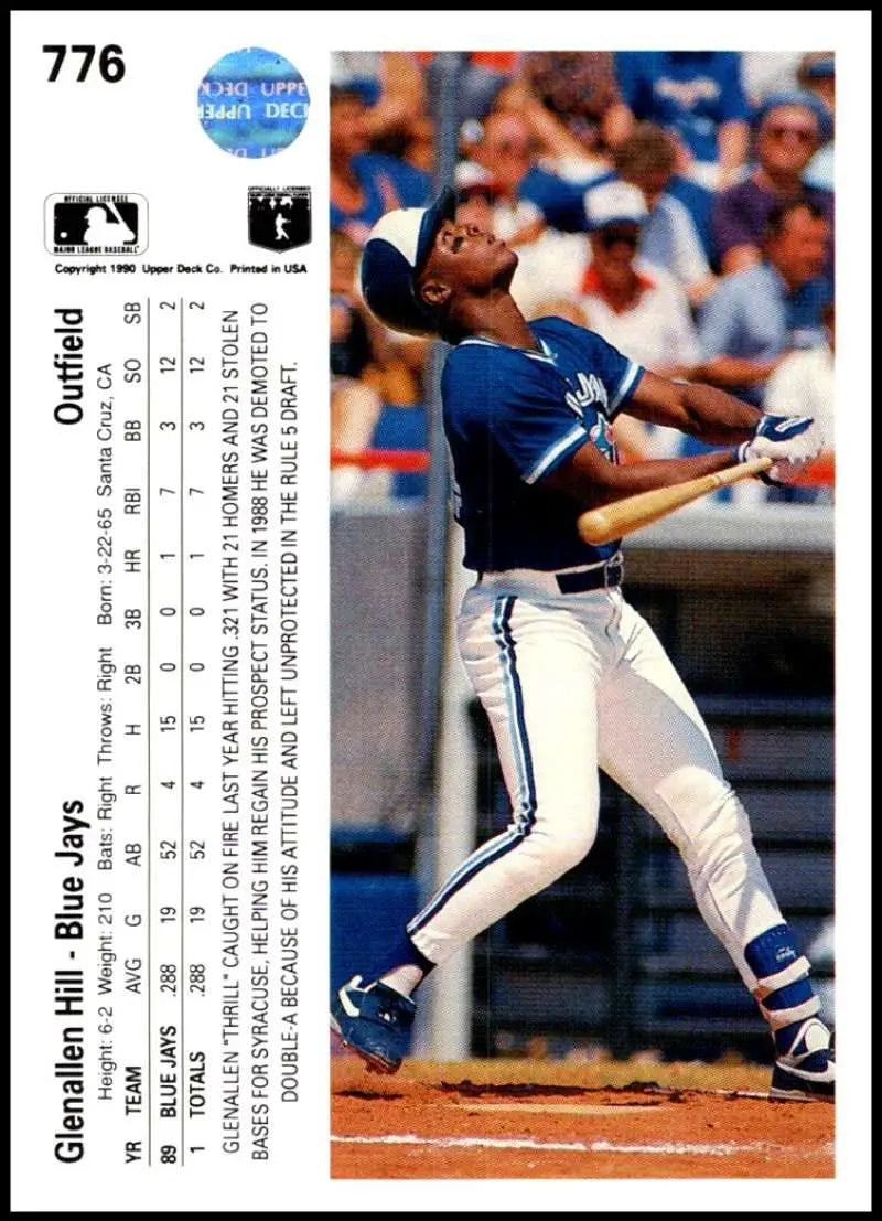 1990 Upper Deck Glenallen Hill Toronto Blue Jays Baseball Card showcasing player swinging bat