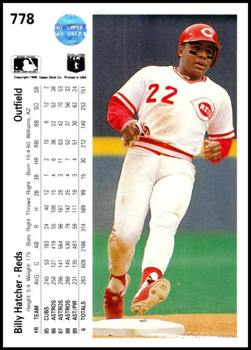 Upper Deck baseball card of Billy Hatcher #22 rounding the bases for Cincinnati Reds